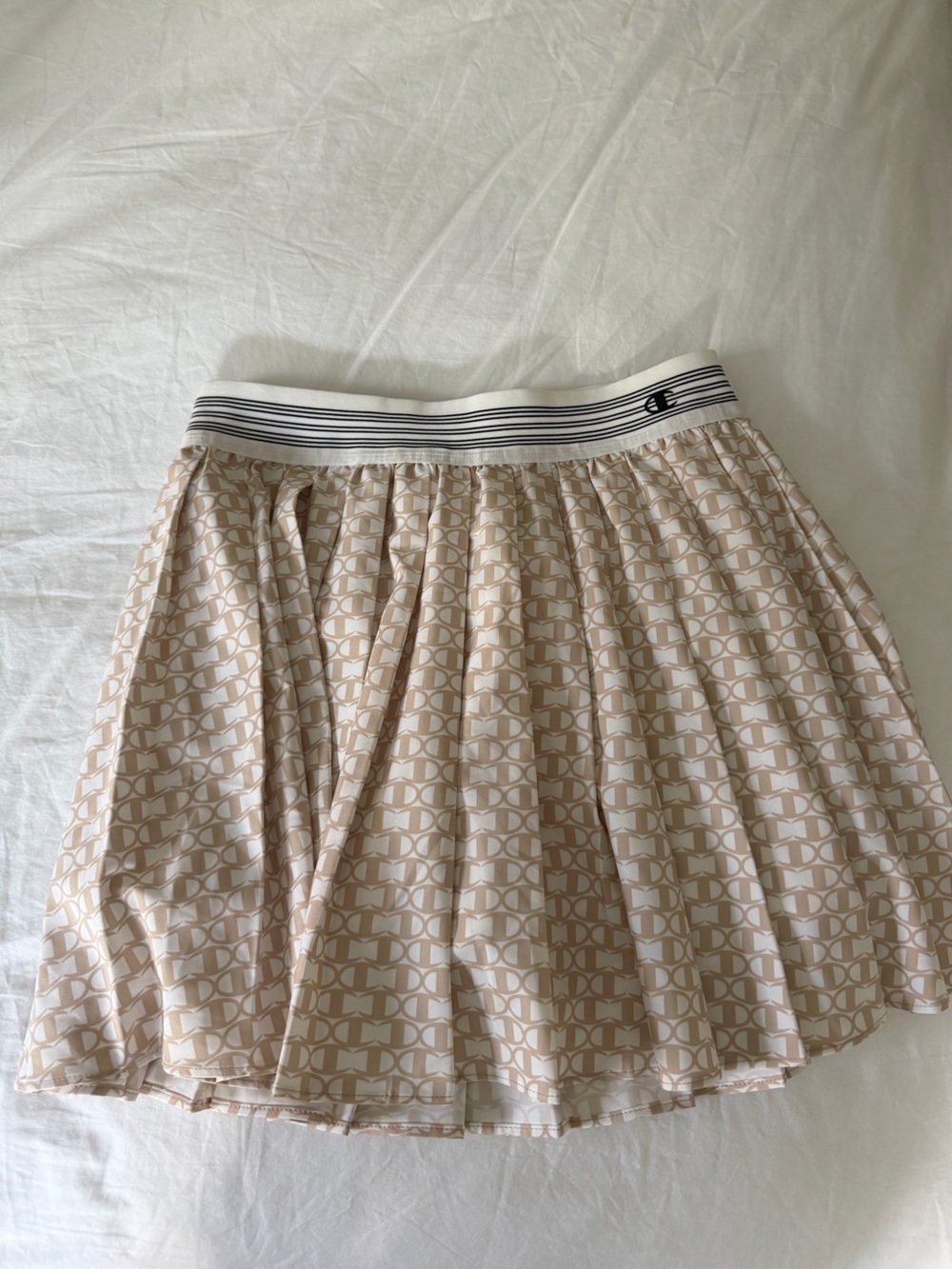 Champion Beige Geometric Print Skater Skirt with Striped Waistband